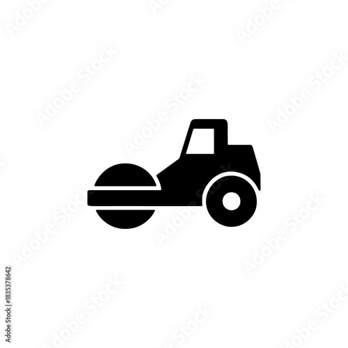 Black silhouette icon of a road roller on a white background