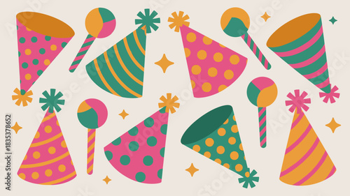 A vibrant collection of colorful party hats and maracas arranged in a playful pattern evoking a festive and celebratory atmosphere for birthdays and special occasions