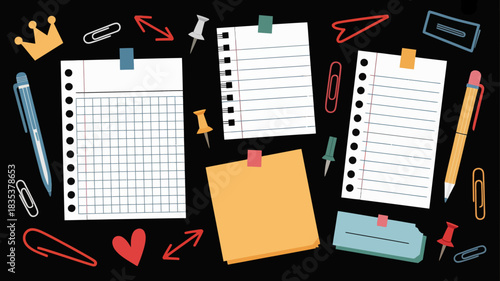 A vibrant and creative flat lay composition featuring various stationery items including blank paper sheets sticky notes pens pencils paper clips and thumbtacks arranged on a dark background
