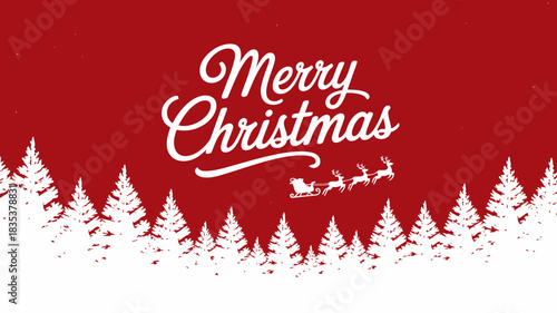Festive merry christmas greeting with a silhouette of santa claus flying his sleigh over a snowy forest landscape on a vibrant red background