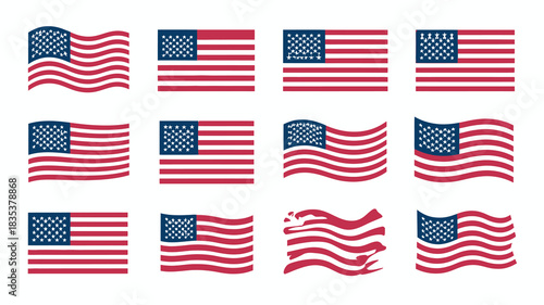 Collection of american united states flags in various styles and orientations showing patriotism and national pride for holidays and events