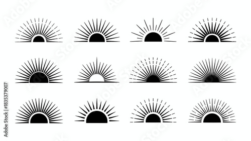 Collection of twelve vintage sunburst designs in a black and white graphic style featuring radiating lines and a semicircular sun element perfect for retro logos and decorative elements