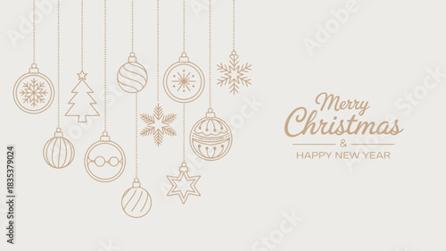 Elegant minimalist christmas ornaments in a delicate line art style hang against a soft neutral background with a subtle festive greeting