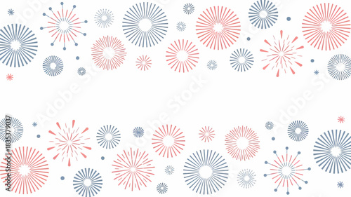 Whimsical abstract floral and starburst patterns in soft pastel colors creating a festive and celebratory border on a white background perfect for invitations and decorations