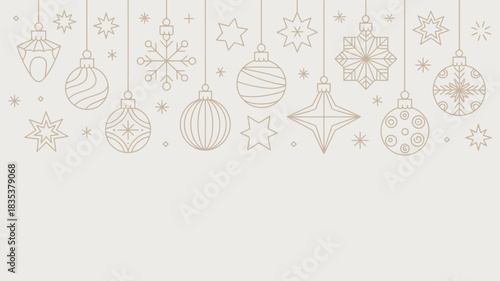 Hand drawn festive christmas ornaments and snowflakes in a delicate line art style on a light neutral background perfect for holiday design and decoration