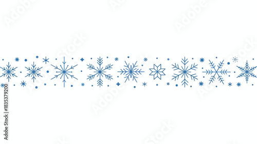 A horizontal border of delicate blue snowflakes and tiny dots on a clean white background perfect for winter holiday decorations and festive designs