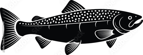 Black silhouette of a spotted trout fish with fins and tail salmon black and white