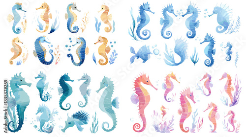 A charming watercolor collection of seahorses in soft blue, pink, and warm tones, surrounded by sea plants and bubbles, ideal for marine themes, ocean art, and decorative designs.