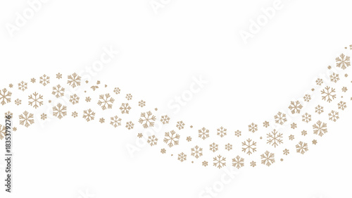 A delicate flowing wave of small colorful snowflakes drifts across a clean white background creating a festive and whimsical winter pattern perfect for holiday and seasonal designs