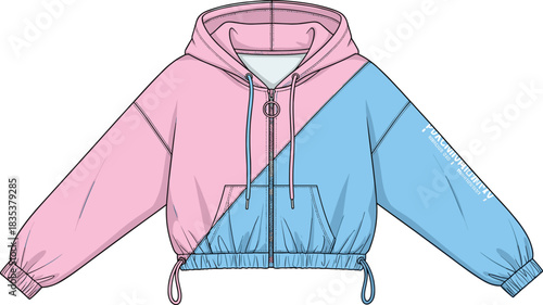 Cropped color block hoodie technical fashion illustration, women's zip-up sweatshirt, contrast raglan sleeves, drawstring hem and cuffs, front pockets.