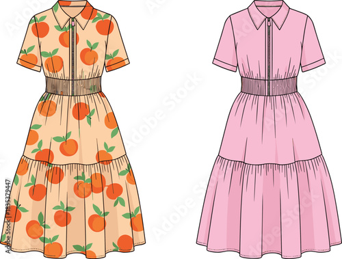Fashion Flat Sketch Women's Tiered Midi Shirtdress with Collar, Short Sleeves, Smocked Waist, and Fruit Print, Vector Illustration