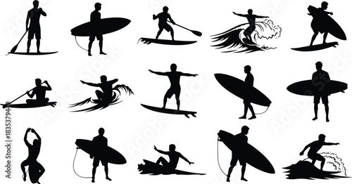 Collection of sixteen black surfer silhouettes showing paddle boarding, surfing, and standing with boards for water sport and beach lifestyle themes.