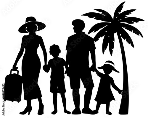 Family vacation silhouette vector illustration isolated on white background