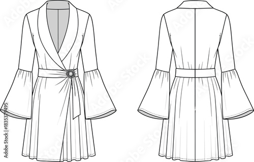 Fashion vector technical drawing illustration template for women's bell sleeve short wrap dress featuring a shawl collar and waist belt with jewel buckle, front and back view.