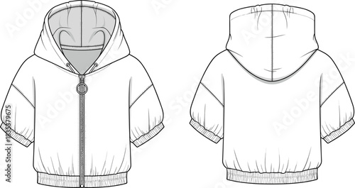 Oversized cropped zip-up hooded sweatshirt technical fashion drawing sketch, front and back view, short puff sleeves, vector illustration.