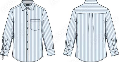 Technical flat sketch of men's striped long sleeve collared button-down shirt with chest pocket and cuffs, vector illustration.