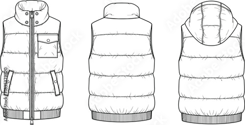 Unisex hooded puffer jacket technical fashion illustration, oversized fit, front, side, and back flat sketch, quilted outerwear, apparel design vector template.