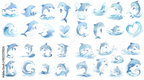 A lively watercolor set of dolphins jumping through waves with playful splashes and flowing water shapes, perfect for ocean themes, marine designs, and creative seaside artwork.