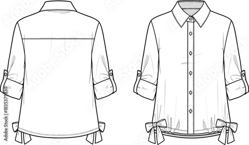 Women's Button-Down Shirt with Rolled Up Three-Quarter Sleeves, Front and Back Technical Sketch with Bow Detail Hem.