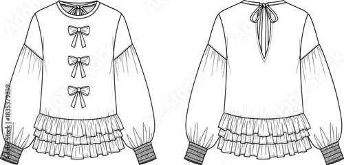 Women's Blouse with Triple Bow Detail and Ruffled Peplum Hem, Long Balloon Sleeve Top Technical Flat Sketch Template for Fashion.