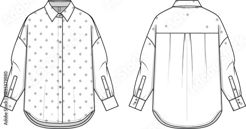 Women's oversized button-down shirt technical fashion illustration, long sleeves, pointed collar, diamond print pattern, back pleat, curved hem.