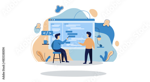 Two developers are collaborating on a coding project, reviewing lines of code on a large screen, discussing solutions, and working in a modern workspace.