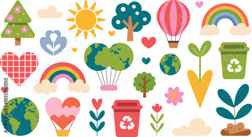 Flat design elements for earth day and recycling with trees hot air balloons and rainbows eco friendly