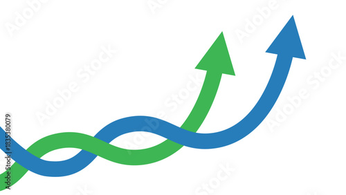 Two Curved Business Arrows Crossing and Rising Up Together Representing Cooperation, Competition, and Profit Growth