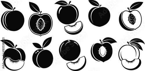 Peach fruit vector icons set; whole, sliced, and half peach Vector