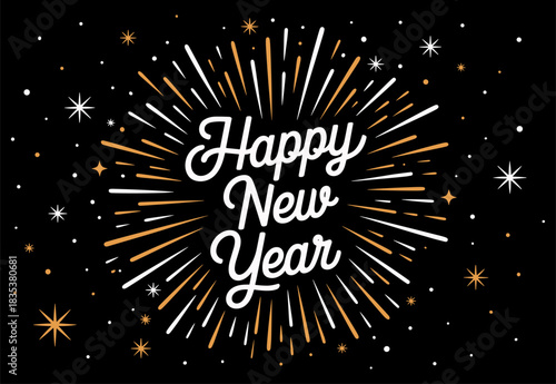 Happy New Year text with starburst and scattered stars on black background celebration lettering