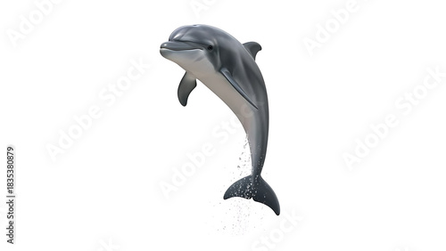 A playful dolphin leaping joyfully out of the water, captured mid-air against a clean white background