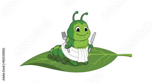 Cartoon caterpillar sitting on a green leaf holding a fork and knife with a napkin draped around its body.