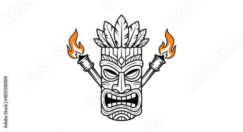 Stylized tiki mask with two flaming torches held aloft, black and white illustration.
