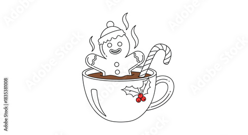 Cute gingerbread man submerged in hot chocolate with a candy cane and holly berry decoration.