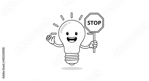 Cartoon light bulb character holding a stop sign and waving.