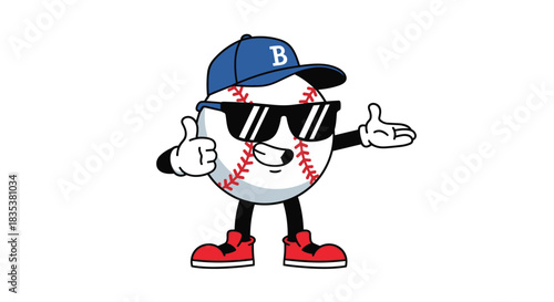Cartoon baseball character wearing sunglasses and a blue cap gives a thumbs up.