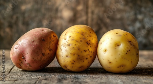 Three potatoes on a rustic wooden table