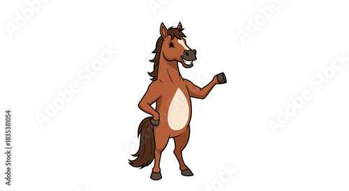 Cartoon brown horse standing with a light beige belly and a white blaze on its face.