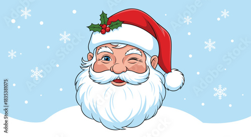 Cartoon illustration of Santa Claus winking on a snowy day with snowflakes.