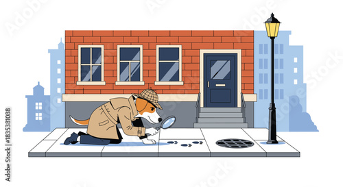 Dog detective in a trench coat examines footprints with a magnifying glass on a city sidewalk.