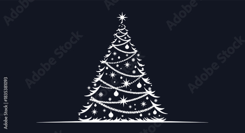 White minimalist Christmas tree decorated with ornaments and stars on a dark blue background.