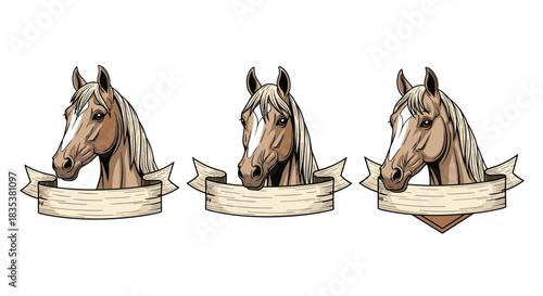 Three illustrated horse heads with banners, perfect for equestrian logos or designs.