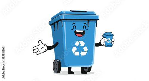 A happy cartoon blue recycling bin with arms and legs holds a coffee cup.