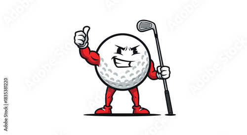 Cartoon golf ball character with muscular arms gives a thumbs up and holds a golf club.
