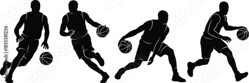 Dynamic basketball player silhouettes in action poses dribbling and running with ball, energetic sports vector illustration for athletic motion design projects.