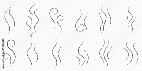 Smoke steam icon set vector hot aroma heat design on transparent background.  Smoke smell, steam aroma heat icon illustration. Hot vapor fire doodle line logo. Hit stink, coffee, fragrance flame heat 