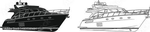 Luxury yacht silhouette, black and white illustration, nautical vessel, modern boat design, maritime transport, sleek ship, contrast line art, vector graphic