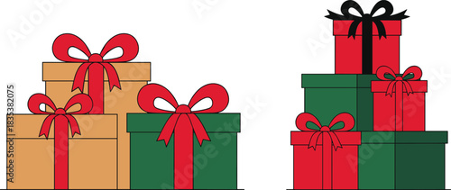 Stacked gift boxes, festive wrapping, holiday packaging, red and green presents, celebration decor, Christmas gifts, cheerful bows, party surprise, seasonal charm