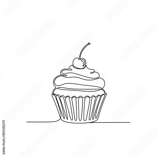 Cupcake with cherry minimalist one line dessert vector illustration