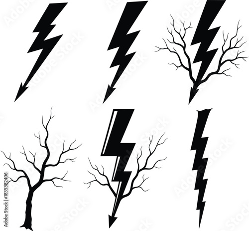 Set of Black Vector Silhouette Icons: Lightning Bolt, Bare Dead Tree, and Fusion of Thunder with Stylized Branches, Representing Electricity, Danger, Nature, Power, Energy, and Weather.